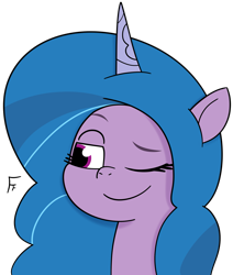 Size: 2477x2918 | Tagged: safe, artist:frownfactory, imported from derpibooru, izzy moonbow, pony, unicorn, female, g5, horn, one eye closed, smiling, solo, wink