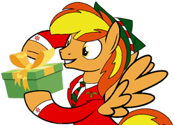 Size: 838x600 | Tagged: safe, artist:noi kincade, imported from derpibooru, oc, oc:firey ratchet, pegasus, pony, christmas, clothes, fedora, hat, holiday, male, necktie, present, simple background, solo, suit, transparent background