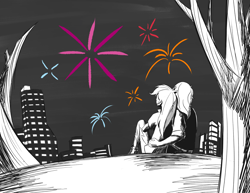 Size: 3300x2550 | Tagged: safe, anonymous artist, imported from derpibooru, rainbow dash, oc, equestria girls, black and white, canon x oc, canterlot city, city, duo, duo male and female, female, fireworks, grayscale, male, monochrome, shipping