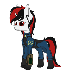 Size: 1136x1192 | Tagged: safe, artist:tanadormi, imported from derpibooru, oc, oc only, oc:blackjack, pony, unicorn, fallout equestria, fallout equestria: project horizons, clothes, fanfic art, horn, pipboy, simple background, solo, standing, unicorn oc, uniform