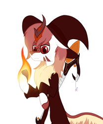 Size: 948x1142 | Tagged: safe, artist:tanadormi, imported from derpibooru, oc, oc only, kirin, pony, fire, hat, horn, kirin oc, magic staff, simple background, white background, wizard hat