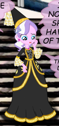 Size: 308x659 | Tagged: safe, artist:ponymaan, imported from derpibooru, diamond tiara, human, equestria girls, clothes, dress, dressup, gown, hat, hennin, jewelry, long sleeves, necklace, princess, princess costume, princess dress, stairs