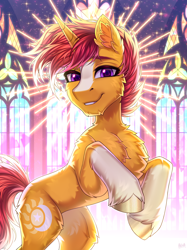 Size: 2700x3606 | Tagged: safe, artist:hakaina, imported from derpibooru, pony, unicorn, coat markings, concave belly, fluffy, hooves, horn, indoors, male, rearing, slender, socks (coat markings), solo, stallion, thin