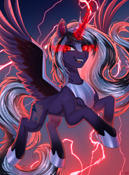 Size: 3000x4057 | Tagged: safe, artist:hakaina, imported from derpibooru, oc, oc only, alicorn, pony, armor, concave belly, crown, fangs, flying, glowing, glowing horn, hoof shoes, horn, jewelry, lighting, long mane, long tail, open mouth, peytral, princess shoes, regalia, slender, solo, spread wings, tail, teeth, thin, wing armor, wings