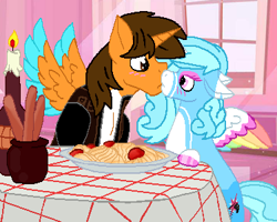 Size: 375x300 | Tagged: safe, artist:jemimasparkle, imported from derpibooru, oc, oc:ej, oc:jemima sparkle, bella notte, breadsticks, candle, female, food, kissing, lady and the tramp, male, meatball, pasta, shipping, spaghetti, straight, table