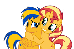 Size: 1316x877 | Tagged: safe, artist:mlpfan3991, imported from derpibooru, sunset shimmer, oc, oc:flare spark, pegasus, pony, unicorn, canon x oc, female, flareset, horn, hug, lesbian, shipping, simple background, smiling, transparent background