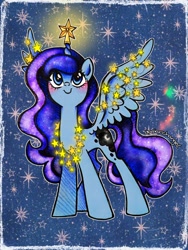 Size: 1536x2048 | Tagged: safe, artist:dariarchangel, imported from derpibooru, princess luna, alicorn, pony, adorable face, alicorn wings, blue coat, blue eyes, blue hair, blue mane, blue tail, blushing, c:, christmas, christmas lights, christmas star, cute, cute face, cute smile, daaaaaaaaaaaw, dariarchangel is trying to murder us, ethereal hair, ethereal mane, ethereal tail, female, garland, glowing, happy, hearth's warming, hearth's warming eve, hnnng, holiday, horn, horn accessory, light, long hair, long mane, long tail, looking up, lunabetes, mare, passepartout, patterned background, pretty, princess, smiling, solo, sparkles, spread wings, standing, starry hair, starry mane, starry tail, stars, sweet dreams fuel, tail, too cute, traditional art, unicorn horn, wavy hair, wavy mane, wavy tail, weapons-grade cute, wings