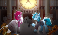 Size: 3840x2301 | Tagged: safe, artist:gale spark, imported from derpibooru, tempest shadow, oc, pony, unicorn, cello, clock, clothes, horn, indoors, invite, musical instrument, prom, skirt, smiling, suit, trumpet