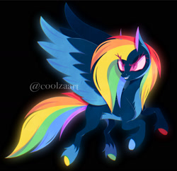 Size: 1585x1533 | Tagged: safe, artist:coolzaart, imported from derpibooru, rainbow dash, pegasus, pony, black background, colored hooves, evil grin, female, grin, hooves, mare, nightmare rainbow dash, nightmarified, signature, simple background, smiling, solo