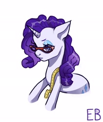 Size: 1725x2048 | Tagged: safe, artist:ebo0o, imported from derpibooru, rarity, pony, unicorn, bust, female, glasses, horn, mare, measuring tape, portrait, rarity's glasses, signature, simple background, solo, white background