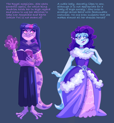 Size: 1779x1925 | Tagged: safe, artist:irisikiki, imported from derpibooru, part of a set, rarity, twilight sparkle, anthro, plantigrade anthro, amphibia, bare shoulders, blue background, book, clothes, dark blue background, dress, duo, duo female, female, jewelry, magic, necklace, pearl necklace, simple background, species swap, text