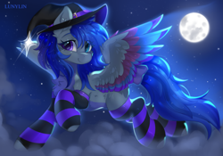 Size: 9035x6314 | Tagged: safe, artist:lunylin, imported from derpibooru, oc, oc only, pegasus, pony, absurd resolution, cheek fluff, chest fluff, clothes, cloud, colored wings, commission, ear fluff, eye clipping through hair, female, flying, full moon, hat, looking at you, mare, moon, multicolored wings, night, night sky, oc name needed, outdoors, pegasus oc, sky, smiling, smiling at you, socks, solo, spread wings, stars, striped socks, wings, witch hat, ych result