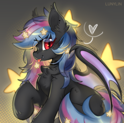 Size: 5527x5502 | Tagged: safe, artist:lunylin, imported from derpibooru, oc, oc only, bat pony, pony, absurd resolution, bat pony oc, bat wings, chest fluff, commission, ear fluff, ear tufts, fangs, female, heart, mare, oc name needed, partially open wings, slit pupils, solo, tongue out, wings, ych result