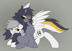 Size: 1469x1055 | Tagged: safe, artist:hioshiru, imported from derpibooru, oc, oc only, oc:kate, oc:kej, pegasus, pony, unicorn, belly fluff, biting, black and yellow, blushing, chest fluff, duo, duo male and female, ear fluff, female, horn, k+k, leg fluff, looking at each other, looking at someone, male, mare, nom, oc x oc, open mouth, pegasus oc, raised hoof, shipping, sitting, slender, spread wings, stallion, straight, striped tail, tail, tail bite, thin, unicorn oc, wings