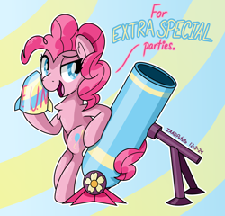 Size: 2158x2072 | Tagged: safe, artist:notadeliciouspotato, imported from derpibooru, pinkie pie, earth pony, pony, abstract background, bipedal, bipedal leaning, chest fluff, female, leaning, lidded eyes, mare, mortar, open mouth, open smile, partillery, rocket, signature, smiling, solo, speech bubble