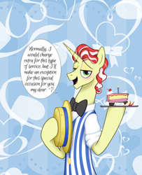 Size: 2394x2953 | Tagged: safe, artist:razzy, imported from derpibooru, flim, unicorn, blushing, bowtie, cake, food, horn, looking at you