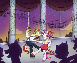 Size: 4976x4096 | Tagged: safe, artist:razzy, imported from derpibooru, flim, oc, alicorn, pegasus, pony, semi-anthro, unicorn, ballroom, canon x oc, clothes, dancing, female, horn, male, mare, music notes, night, open mouth, shipping, stallion