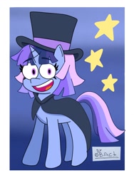 Size: 780x1040 | Tagged: safe, artist:garybaldor, imported from derpibooru, oc, oc only, oc:flawless sparklemoon, pony, unicorn, cape, clothes, female, fusion, fusion:trixie, fusion:twilight sparkle, fusion:twixie, gradient background, hat, horn, mare, my little pony the movie: the death of twilight sparkle, signature, smiling, solo, stars