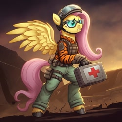 Size: 1024x1024 | Tagged: safe, imported from derpibooru, fluttershy, anthro, pegasus, unguligrade anthro, series:g.i. pony: a real equestrian hero, ai content, ai generated, clothes, cosplay, costume, female, first aid kit, g.i. joe, generator:google imagen 3.0, helmet, lifeline, medic, military uniform, prompter:zerowinger, rescue trooper, solo, spread wings, sunglasses, tiger force, uniform, wings