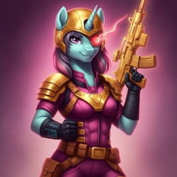 Size: 1024x1024 | Tagged: safe, imported from derpibooru, sunny flare, anthro, pony, unicorn, series:g.i. pony: a real equestrian hero, ai content, ai generated, assault rifle, clothes, cosplay, costume, equestria girls anthropized, equestria girls ponified, female, g.i. joe, generator:google imagen 3.0, gloves, gradient background, gun, helmet, horn, iron grenadiers, military uniform, optical sight, ponified, prompter:zerowinger, rifle, smiling, solo, sunny flare's wrist devices, uniform, voltar, weapon