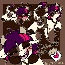 Size: 2000x2000 | Tagged: safe, artist:sexygoatgod, imported from derpibooru, oc, oc only, oc:buttermilk bottle, cow, cow pony, hybrid, pony, bust, chibi, clothes, female, jumart, laughing, reference sheet, solo