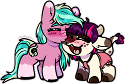 Size: 1852x1255 | Tagged: safe, artist:sexygoatgod, imported from derpibooru, oc, oc only, oc:buttermilk bottle, oc:kiwi breezy, cow, cow pony, hybrid, original species, pony, bust, cheek kiss, chibi, clothes, cusige, duo, female, height difference, intersex, jumart, kissing, laughing, reference sheet