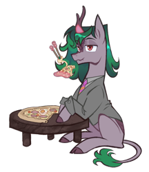 Size: 1724x1994 | Tagged: safe, artist:cowboypony, imported from derpibooru, oc, oc only, oc:skywell, kirin, pony, chopsticks, clothes, eating, egg (food), food, hard boiled egg, kirin oc, magic, male, noodles, pizza, ramen, simple background, solo, stallion, suit, table, telekinesis, transparent background