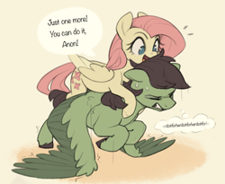 Size: 1849x1516 | Tagged: safe, artist:nookprint, imported from derpibooru, fluttershy, oc, oc:anon, oc:anon stallion, pegasus, pony, eyes closed, female, gritted teeth, male, mare, on top, speech bubble, stallion, teeth, thought bubble, wing-ups