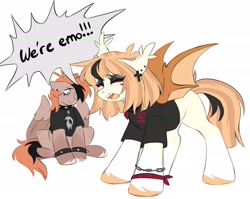 Size: 2901x2310 | Tagged: safe, artist:cheekipone, oc, oc only, oc:honey milk, oc:jarvis yarbrough, bat pony, pegasus, pony, bat pony oc, bat wings, black eyeshadow, bracelet, clothes, collar, cross, duo male and female, ear piercing, ear tufts, earring, emo, exclamation point, eyebrows visible through hair, eyes closed, eyeshadow, face paint, fangs, female, floppy ears, flower, freckles, highlights, jewelry, makeup, male, mare, necklace, partially open wings, pegasus oc, piercing, rose, shirt, simple background, sitting, skull, socks (coat markings), speech bubble, spiked collar, spread wings, stallion, standing, t-shirt, unshorn fetlocks, white background, wings, yelling