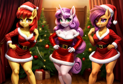 Size: 760x520 | Tagged: safe, imported from derpibooru, apple bloom, scootaloo, sweetie belle, anthro, earth pony, pegasus, unicorn, ai content, ai generated, belt, breasts, busty apple bloom, busty cmc, busty scootaloo, busty sweetie belle, christmas, christmas tree, clothes, costume, cutie mark crusaders, dress, female, gift wrapped, hat, holiday, horn, ornaments, present, prompter:dordrago, santa costume, santa hat, sexy, smiling, stupid sexy apple bloom, stupid sexy scootaloo, stupid sexy sweetie belle, tree, trio, trio female, wingless, wingless anthro