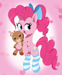 Size: 2500x3000 | Tagged: safe, artist:spoonie, pinkie pie, bear, earth pony, pony, bow, clothes, female, heart, looking at you, mare, socks, solo, striped socks, teddy bear