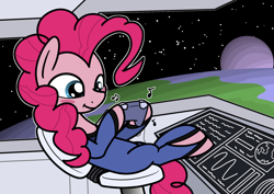 Size: 1280x905 | Tagged: safe, artist:ewoudcponies, imported from derpibooru, pinkie pie, earth pony, pony, blush sticker, blushing, clothes, controller, dexterous hooves, female, hoof hold, mare, music notes, planet, sitting, smiling, solo, space, spaceship, uniform