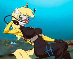 Size: 2600x2100 | Tagged: safe, artist:aegishailstorm, imported from derpibooru, oc, oc only, oc:sterling silver, anthro, pegasus, air tank, coral reef, female, looking at someone, mare, mask, scuba diving, scuba gear, shipwreck, sitting, snorkel, solo, underwater, water, wetsuit, wingless