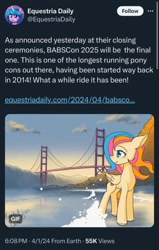 Size: 584x920 | Tagged: safe, artist:hauntedtuba, imported from derpibooru, oc, oc only, oc:golden gates, pegasus, pony, babscon, beach, female, freckles, golden gate bridge, mare, meta, solo, twitter, wave, windswept mane