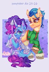 Size: 1984x2880 | Tagged: safe, artist:zackchibi, imported from derpibooru, hitch trailblazer, earth pony, pony, unicorn, armor, clothes, cosplay, costume, duo, duo male and female, female, g5, high res, horn, hunter x hunter, jacket, male, mare, misty brightdawn, passepartout, ponytober, ponytober 2024, rebirth misty, signature, sitting, spear, stallion, text, weapon