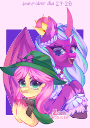 Size: 2238x3175 | Tagged: safe, artist:zackchibi, imported from derpibooru, opaline arcana, alicorn, earth pony, pony, book, bow, bust, cloak, clothes, cosplay, costume, crown, duo, duo female, female, g5, hat, high res, jewelry, mare, open mouth, open smile, ponytober, ponytober 2024, posey bloom, regalia, sharp teeth, smiling, teeth