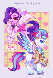 Size: 1984x2880 | Tagged: safe, artist:zackchibi, imported from derpibooru, pipp petals, zipp storm, bat pony, pegasus, pony, undead, vampire, vampony, bat ponified, clothes, cosplay, costume, duo, duo female, fangs, female, g5, goggles, goggles on head, high res, mare, passepartout, ponytober, ponytober 2024, race swap, royal sisters (g5), siblings, sisters, standing on two hooves, unshorn fetlocks