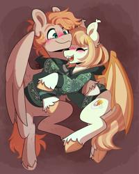 Size: 2000x2500 | Tagged: safe, artist:lionbun, imported from derpibooru, oc, oc:honey milk, oc:jarvis yarbrough, bat pony, pegasus, bat pony oc, bat wings, blushing, christmas sweater, clothes, commission, couple, cute, female, hoodie, hug, male, mare, pegasus oc, stallion, sweater, wholesome, wings, ych result