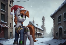 Size: 1856x1280 | Tagged: safe, imported from derpibooru, oc, oc:littlepip, unicorn, fallout equestria, ai content, ai generated, chest fluff, christmas, city, clothes, door, ear fluff, fallout, generator:autismmix pony, hat, holiday, horn, prompter:thelight3d, ruins, santa hat, snow, snowfall, tail, winter