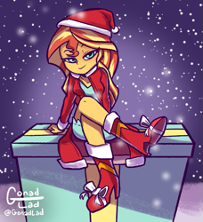 Size: 595x652 | Tagged: safe, artist:gonadlad, imported from derpibooru, sunset shimmer, human, equestria girls, christmas, crossed legs, female, hat, holiday, present, santa hat, sitting, snow, snowfall, solo