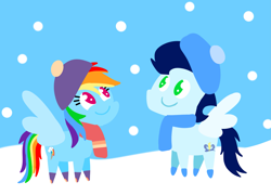 Size: 3475x2498 | Tagged: safe, anonymous artist, derpibooru exclusive, imported from derpibooru, rainbow dash, soarin', pegasus, pony, series:soarindash winter, female, male, mare, pointy ponies, shipping, smiling, snow, snowflake, soarindash, stallion, straight, winter, winter clothes