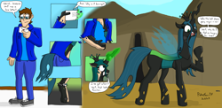 Size: 3903x1900 | Tagged: safe, artist:pokefan-tf, imported from derpibooru, queen chrysalis, changeling, changeling queen, human, burning, clothes, female, glowing, glowing horn, high res, horn, human to changeling, letter, love letter, male to female, reality shift, rule 63, torn clothes, transformation, transgender transformation