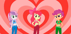 Size: 827x397 | Tagged: safe, artist:warioman69, editor:warioman69, imported from derpibooru, apple bloom, scootaloo, sweetie belle, human, equestria girls, clothes, cutie mark crusaders, exposed belly, midriff, sleeveless, tanktop, the powerpuff girls