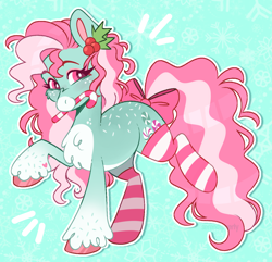 Size: 1326x1280 | Tagged: safe, artist:wanderingpegasus, imported from derpibooru, minty, earth pony, pony, candy, candy cane, clothes, food, g3, holly, mouth hold, socks, solo, striped socks, unshorn fetlocks