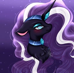 Size: 720x716 | Tagged: safe, artist:kayomii, imported from derpibooru, nightmare rarity, pony, unicorn, blushing, bust, curved horn, ear piercing, female, horn, jewelry, mare, old art, peytral, piercing, regalia, solo