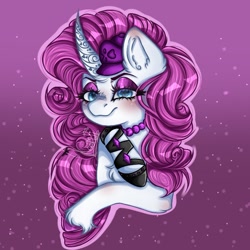 Size: 720x721 | Tagged: safe, artist:kayomii, imported from derpibooru, rarity, pony, unicorn, elements of insanity, bust, chest fluff, female, horn, jewelry, mare, necklace, rarifruit, solo, unshorn fetlocks