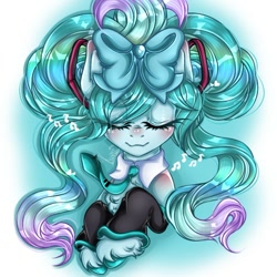 Size: 720x721 | Tagged: safe, artist:kayomii, imported from derpibooru, earth pony, pony, anime, bow, clothes, female, hair bow, hatsune miku, leg warmers, mare, necktie, ponified, shirtless shirt collar, solo, unshorn fetlocks, vocaloid