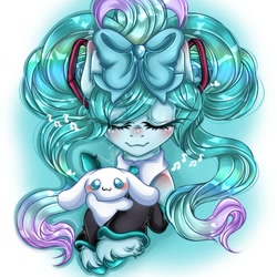 Size: 720x721 | Tagged: safe, alternate version, artist:kayomii, imported from derpibooru, dog, earth pony, pony, anime, bow, cinnamoroll, clothes, duo, female, hair bow, hatsune miku, leg warmers, mare, necktie, ponified, shirtless shirt collar, unshorn fetlocks, vocaloid