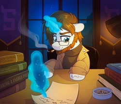 Size: 2048x1762 | Tagged: safe, artist:skysorbett, imported from derpibooru, oc, oc only, pony, unicorn, ashtray, beard, book, cigarette, determined, eyebrows, facial hair, feather, glasses, glowing, glowing horn, horn, indoors, lamp, magic, magic aura, male, night, night sky, paper, room, sky, smoke, solo, stallion, table, tapestry, telekinesis, window, writing