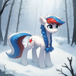 Size: 1024x1024 | Tagged: safe, imported from derpibooru, oc, oc only, oc:marussia, pony, ai content, ai generated, braid, forest, nation ponies, nature, ponified, prompter:negasun, russia, snow, solo, tree, winter